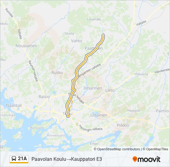 21A bussi -linjakartta