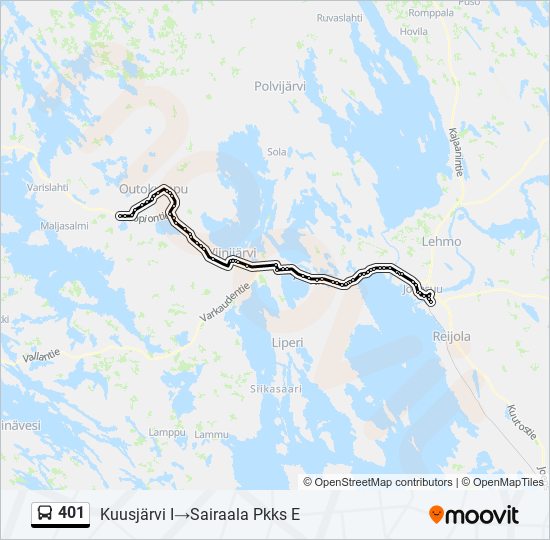 401 Reitti: Aikataulut, pysäkit ja kartat – Kuusjärvi I‎→Sairaala Pkks E  (päivitetty)