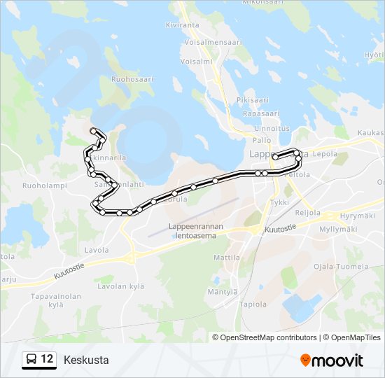 12 Reitti: Aikataulut, pysäkit ja kartat – Keskusta (päivitetty)
