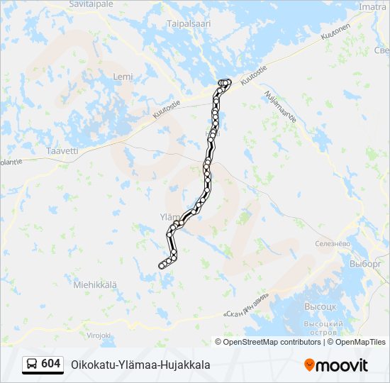 604 Reitti: Aikataulut, pysäkit ja kartat – Oikokatu-Ylämaa-Hujakkala  (päivitetty)
