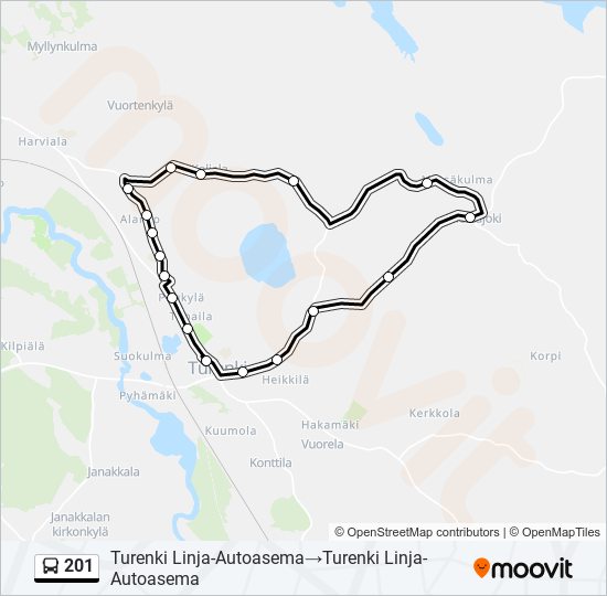 201 Reitti: Aikataulut, pysäkit ja kartat – Turenki Linja-Autoasema‎→Turenki  Linja-Autoasema (päivitetty)