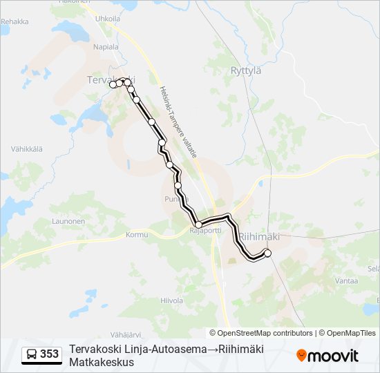 353 Reitti: Aikataulut, pysäkit ja kartat – Tervakoski Linja-Autoasema‎→ Riihimäki Matkakeskus (päivitetty)