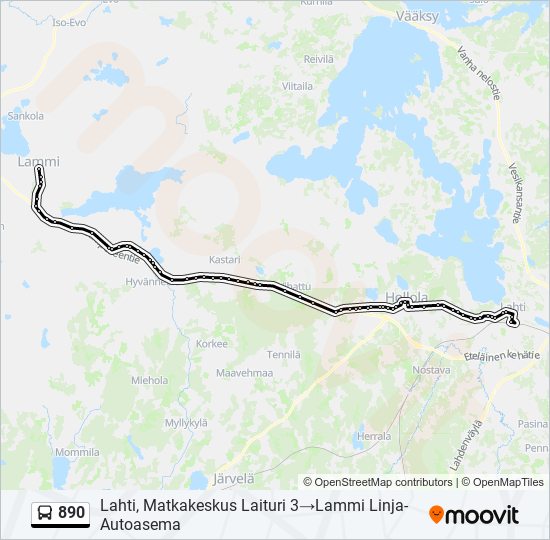890 Reitti: Aikataulut, pysäkit ja kartat – Lahti, Matkakeskus Laituri  3‎→Lammi Linja-Autoasema (päivitetty)