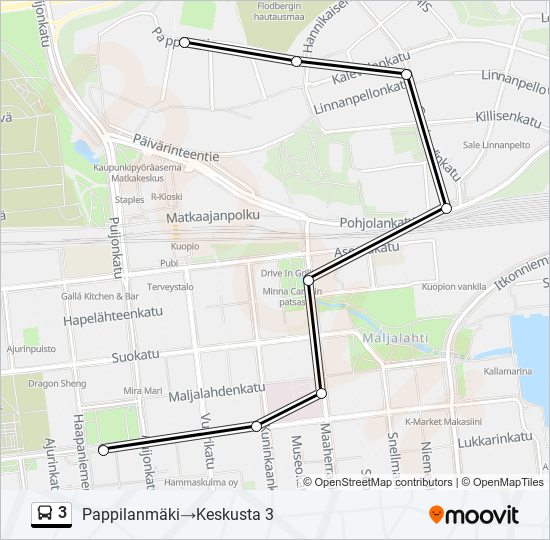 3 Reitti: Aikataulut, pysäkit ja kartat – Pappilanmäki‎→Keskusta 3  (päivitetty)