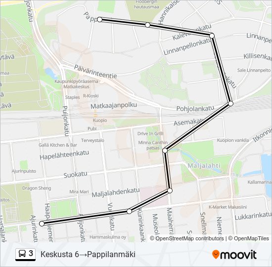 3 Reitti: Aikataulut, pysäkit ja kartat – Keskusta 6‎→Pappilanmäki  (päivitetty)