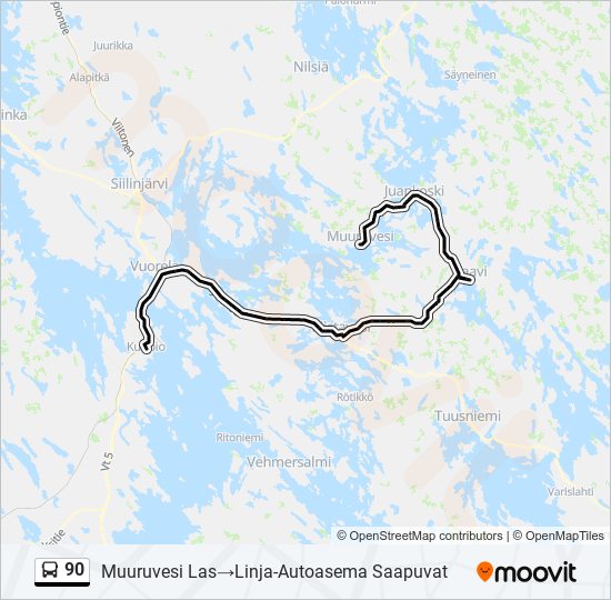 90 Reitti: Aikataulut, pysäkit ja kartat – Muuruvesi Las‎→Linja-Autoasema  Saapuvat (päivitetty)