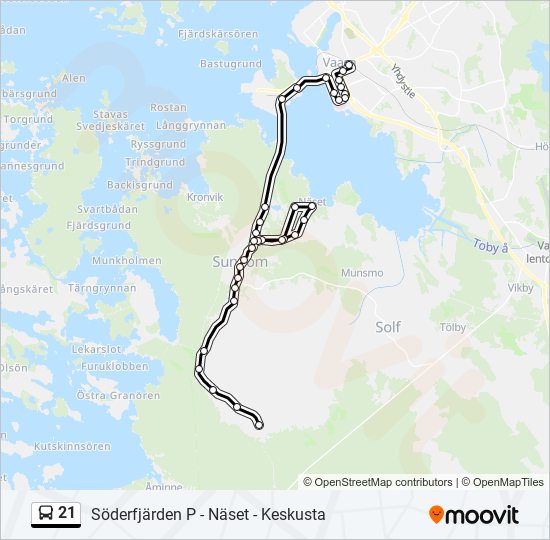 21 Reitti: Aikataulut, pysäkit ja kartat – Söderfjärden P‎→Rautatienkatu /  Asema B; Bangatan / Station B (päivitetty)