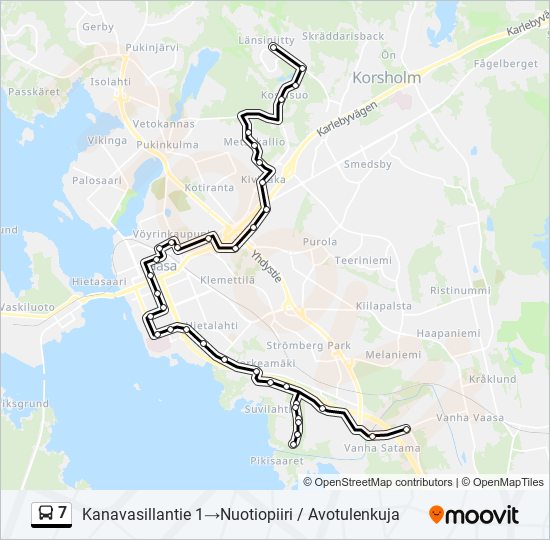 7 Reitti: Aikataulut, pysäkit ja kartat – Kanavasillantie 1; Kanalbrovägen  1‎→Nuotiopiiri / Avotulenkuja; Lägereldsringen / Brasgränd (päivitetty)