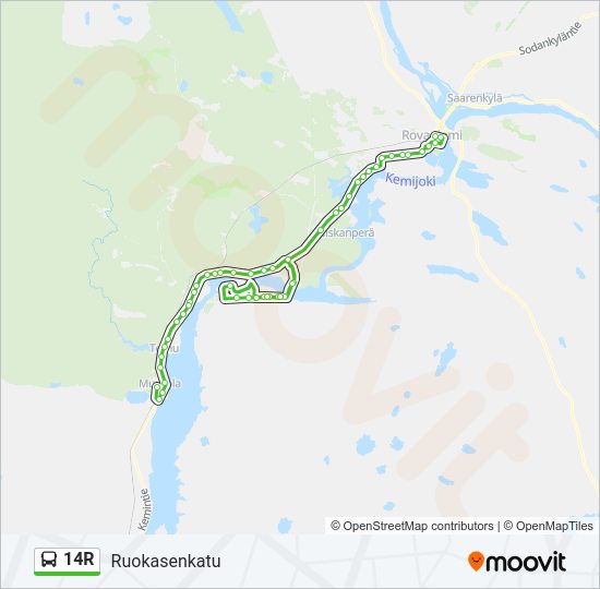 14R bussi -linjakartta