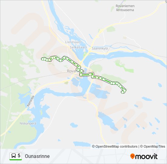 5 Reitti: Aikataulut, pysäkit ja kartat – Ounasrinne (päivitetty)