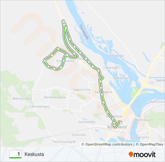 1 Reitti: Aikataulut, pysäkit ja kartat – Keskusta (päivitetty)