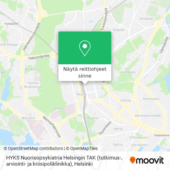 HYKS Nuorisopsykiatria Helsingin TAK (tutkimus-, arviointi- ja kriisipoliklinikka) kartta