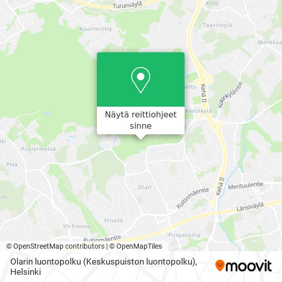 Kuinka päästä kohteeseen Olarin luontopolku (Keskuspuiston luontopolku)  paikassa Espoo kulkuvälineellä Bussi, Metro tai Raitiovaunu?