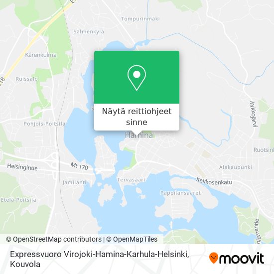 Expressvuoro Virojoki-Hamina-Karhula-Helsinki kartta