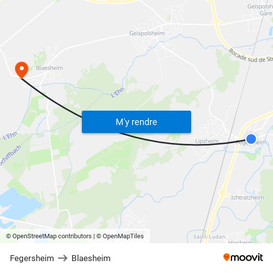 Fegersheim to Blaesheim map