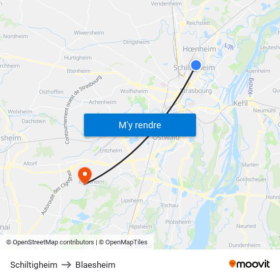 Schiltigheim to Blaesheim map