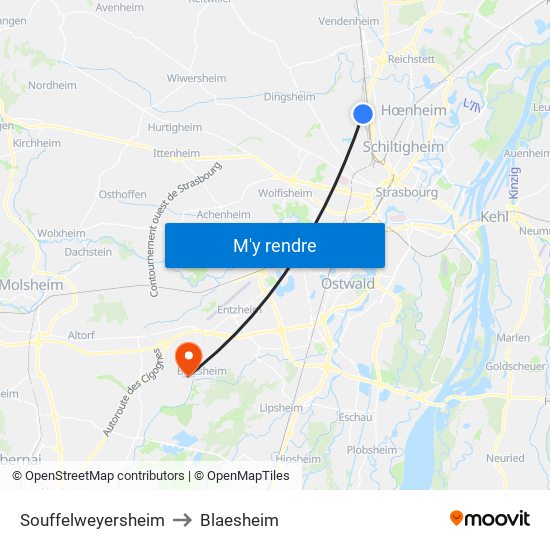 Souffelweyersheim to Blaesheim map