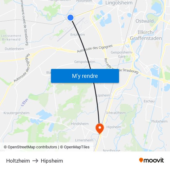 Holtzheim to Hipsheim map