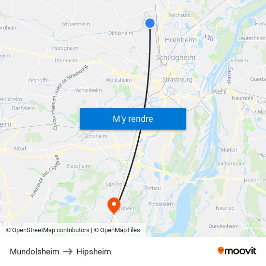 Mundolsheim to Hipsheim map