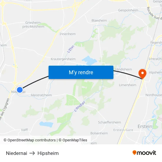 Niedernai to Hipsheim map