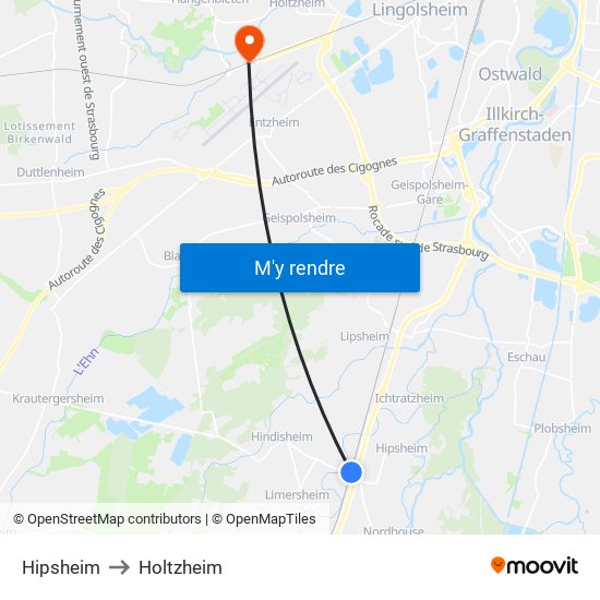 Hipsheim to Holtzheim map