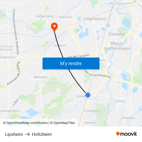 Lipsheim to Holtzheim map