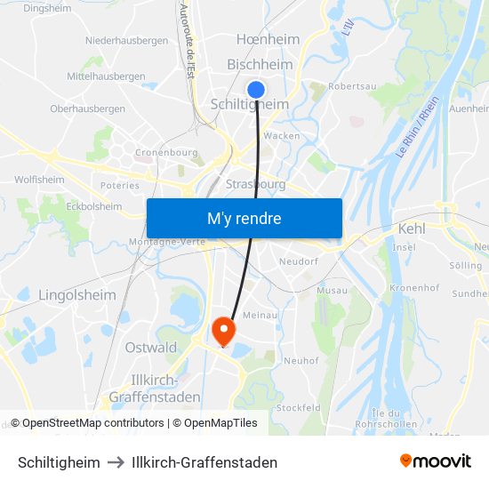 Schiltigheim to Illkirch-Graffenstaden map