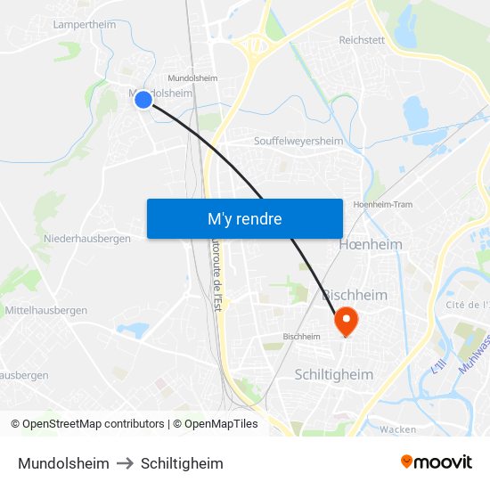 Mundolsheim to Schiltigheim map