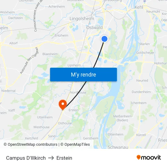 Campus D'Illkirch to Erstein map