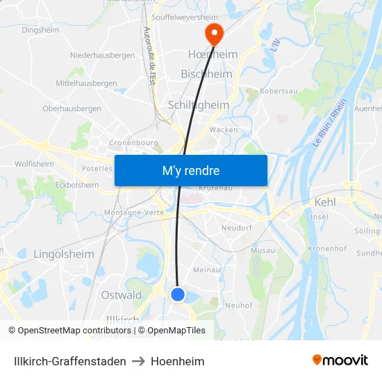 Illkirch-Graffenstaden to Hoenheim map