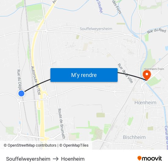 Souffelweyersheim to Hoenheim map