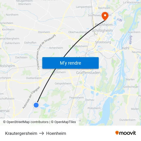 Krautergersheim to Hoenheim map