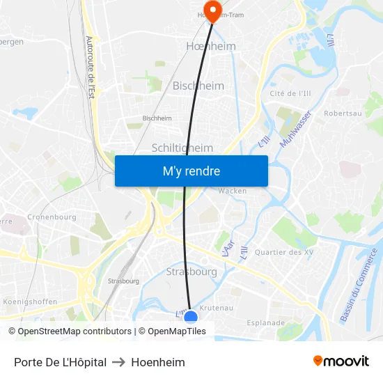 Porte De L'Hôpital to Hoenheim map