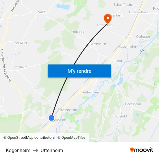 Kogenheim to Uttenheim map