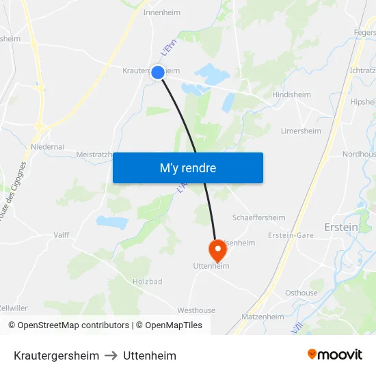 Krautergersheim to Uttenheim map