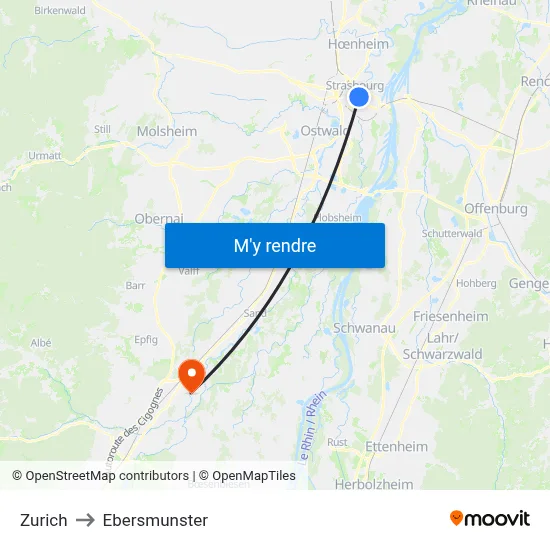 Zurich to Ebersmunster map