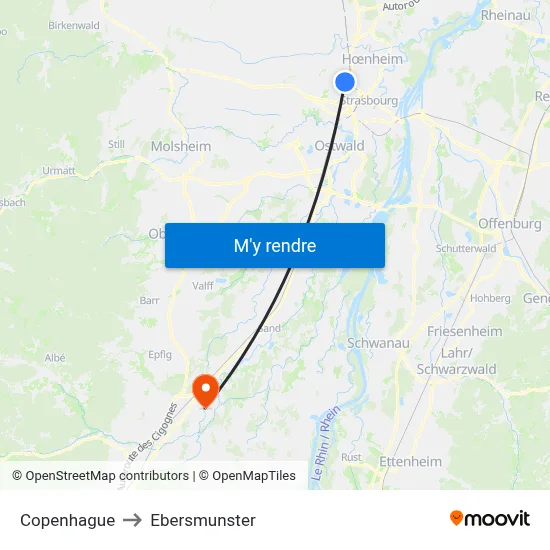 Copenhague to Ebersmunster map