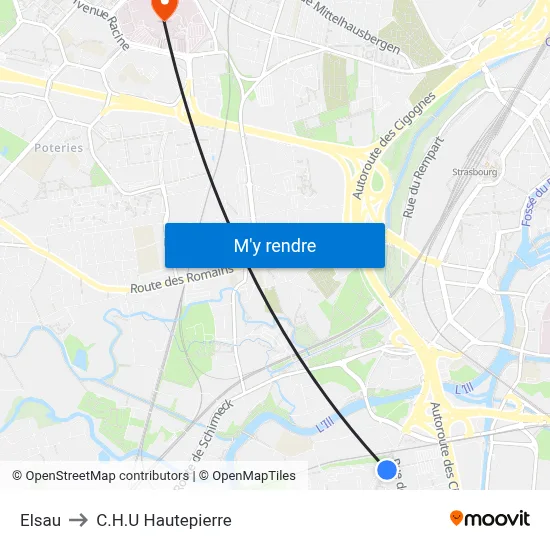 Elsau to C.H.U Hautepierre map