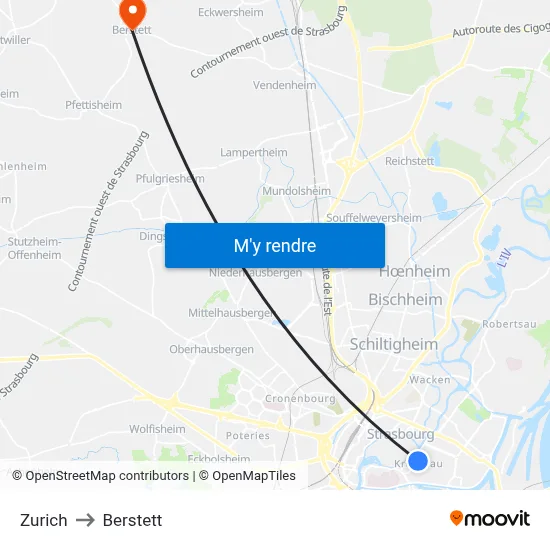Zurich to Berstett map
