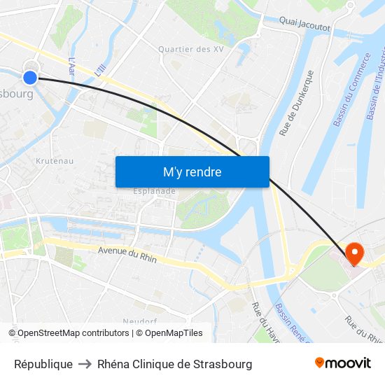 République to Rhéna Clinique de Strasbourg map