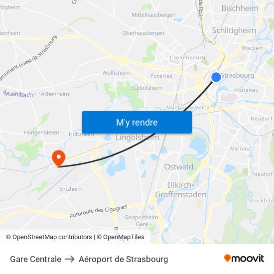 Gare Centrale to Aéroport de Strasbourg map