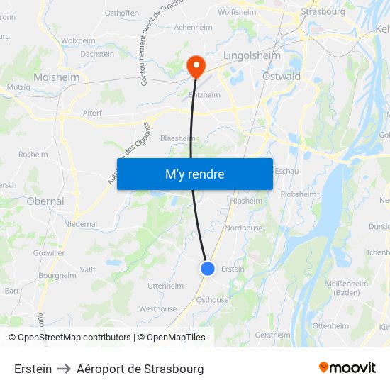 Erstein to Aéroport de Strasbourg map