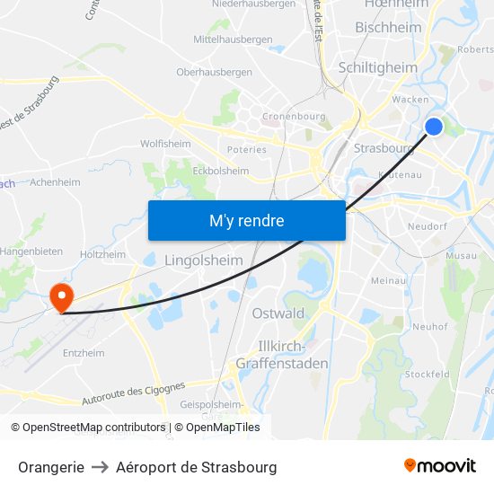 Orangerie to Aéroport de Strasbourg map