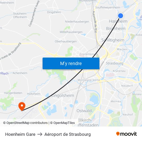 Hoenheim Gare to Aéroport de Strasbourg map