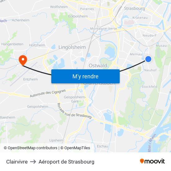 Clairvivre to Aéroport de Strasbourg map