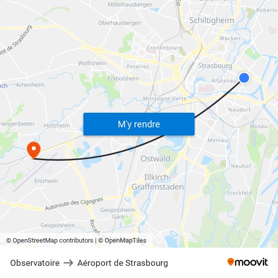 Observatoire to Aéroport de Strasbourg map