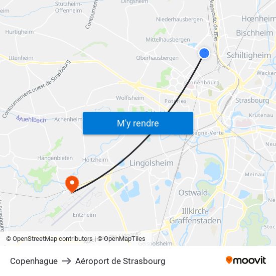 Copenhague to Aéroport de Strasbourg map