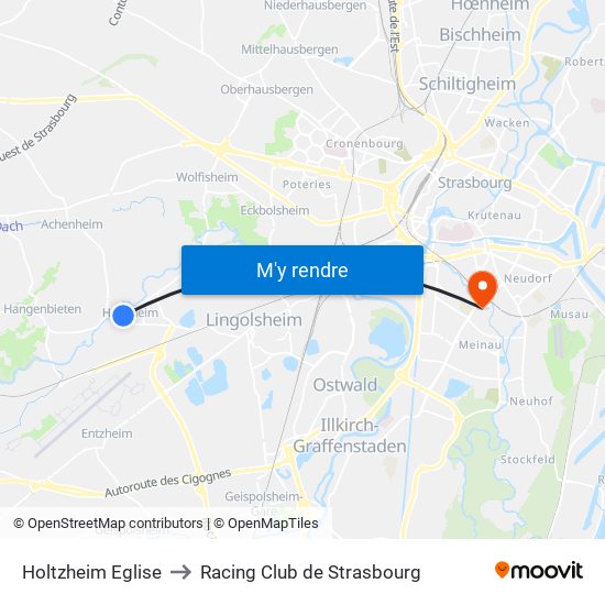 Holtzheim Eglise to Racing Club de Strasbourg map