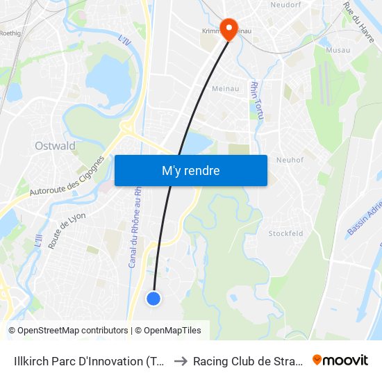 Illkirch Parc D'Innovation (Terminus) to Racing Club de Strasbourg map