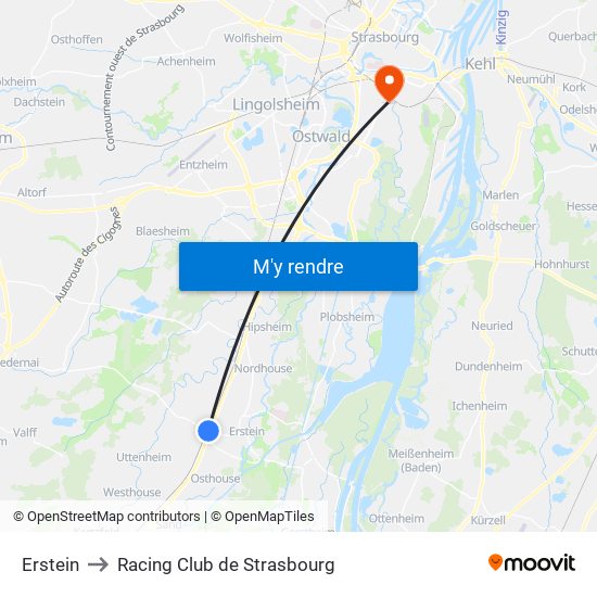 Erstein to Racing Club de Strasbourg map